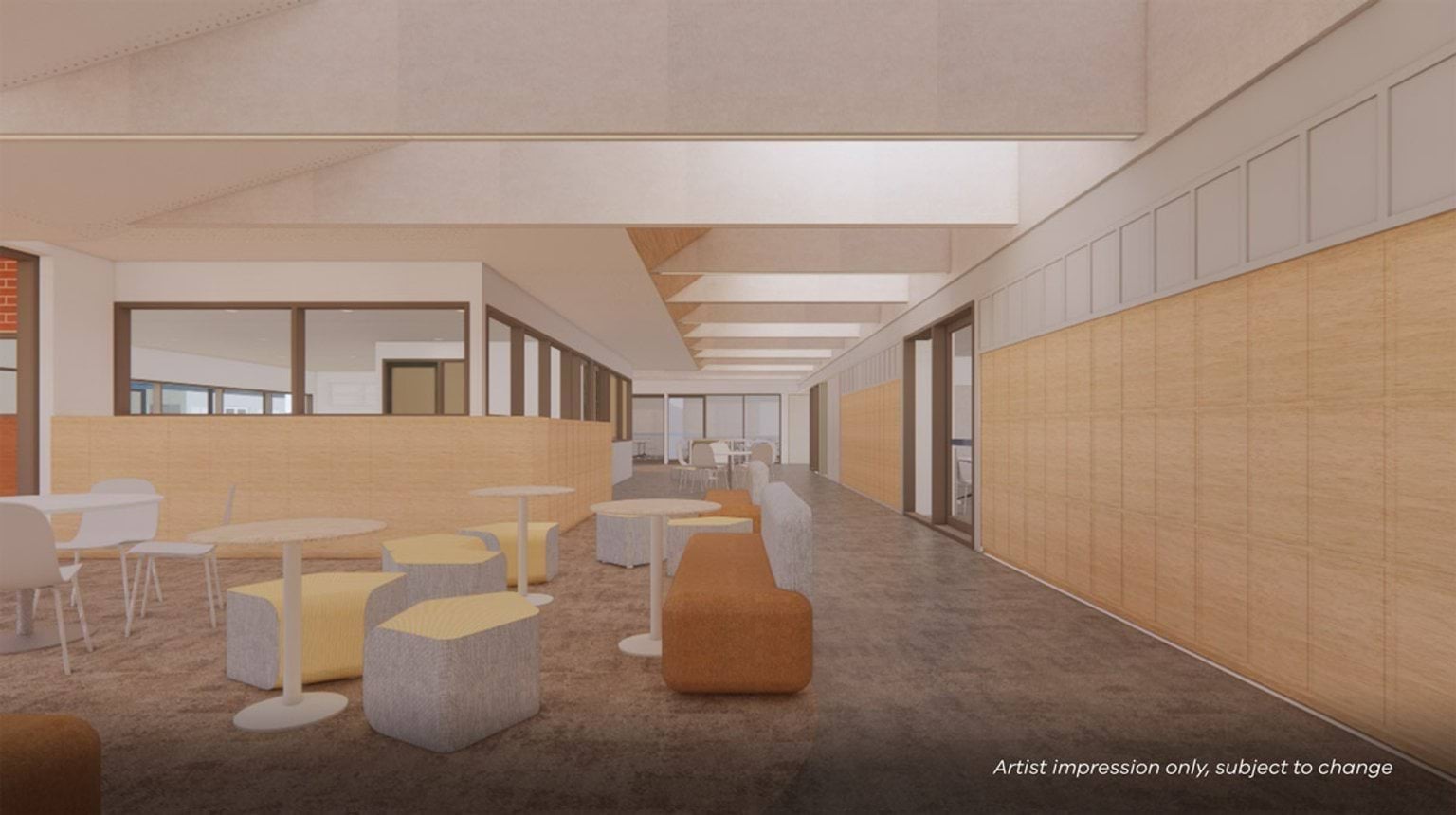 Artist impression of a school learning zone with soft seating, small tables, and timber wall finishes, leading to classrooms through glass partitions.