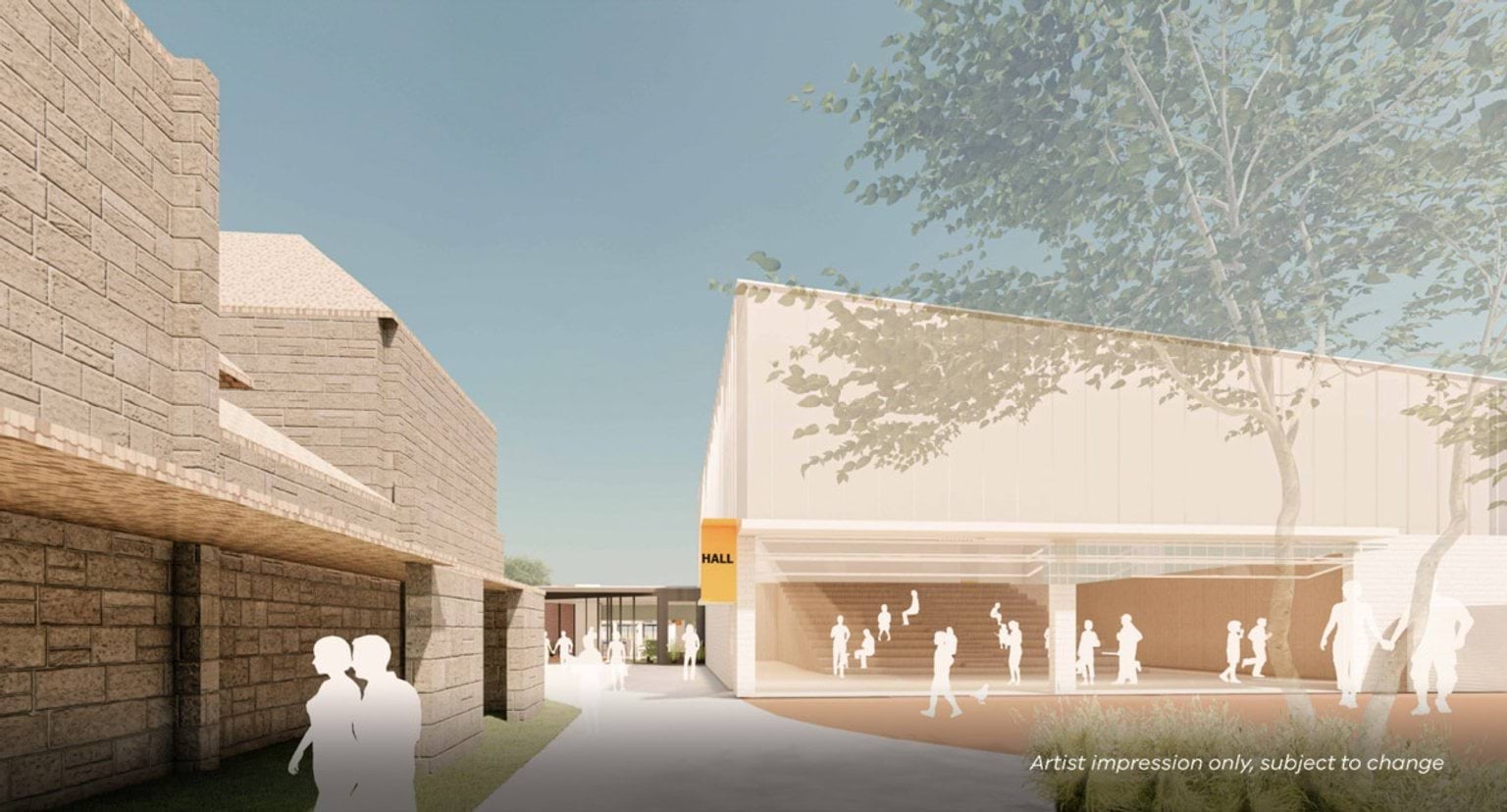 Artist impression of a school courtyard framed by textured stone-like buildings and a new hall with a light façade, featuring open walkways and silhouettes of people moving between spaces.