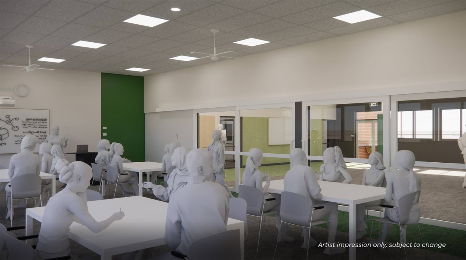 Artist impression of a modern classroom with grouped tables and chairs, teaching wall, ceiling fans, and large glass doors opening to an adjacent learning space.