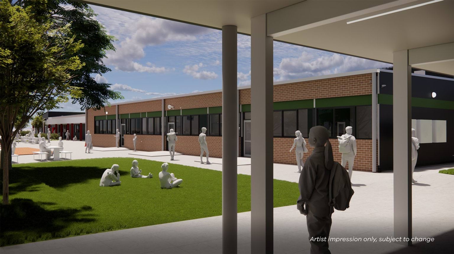 Artist impression of a school courtyard with lawn and seating areas, surrounded by single‑storey brick classrooms and covered walkways, with people moving between buildings.