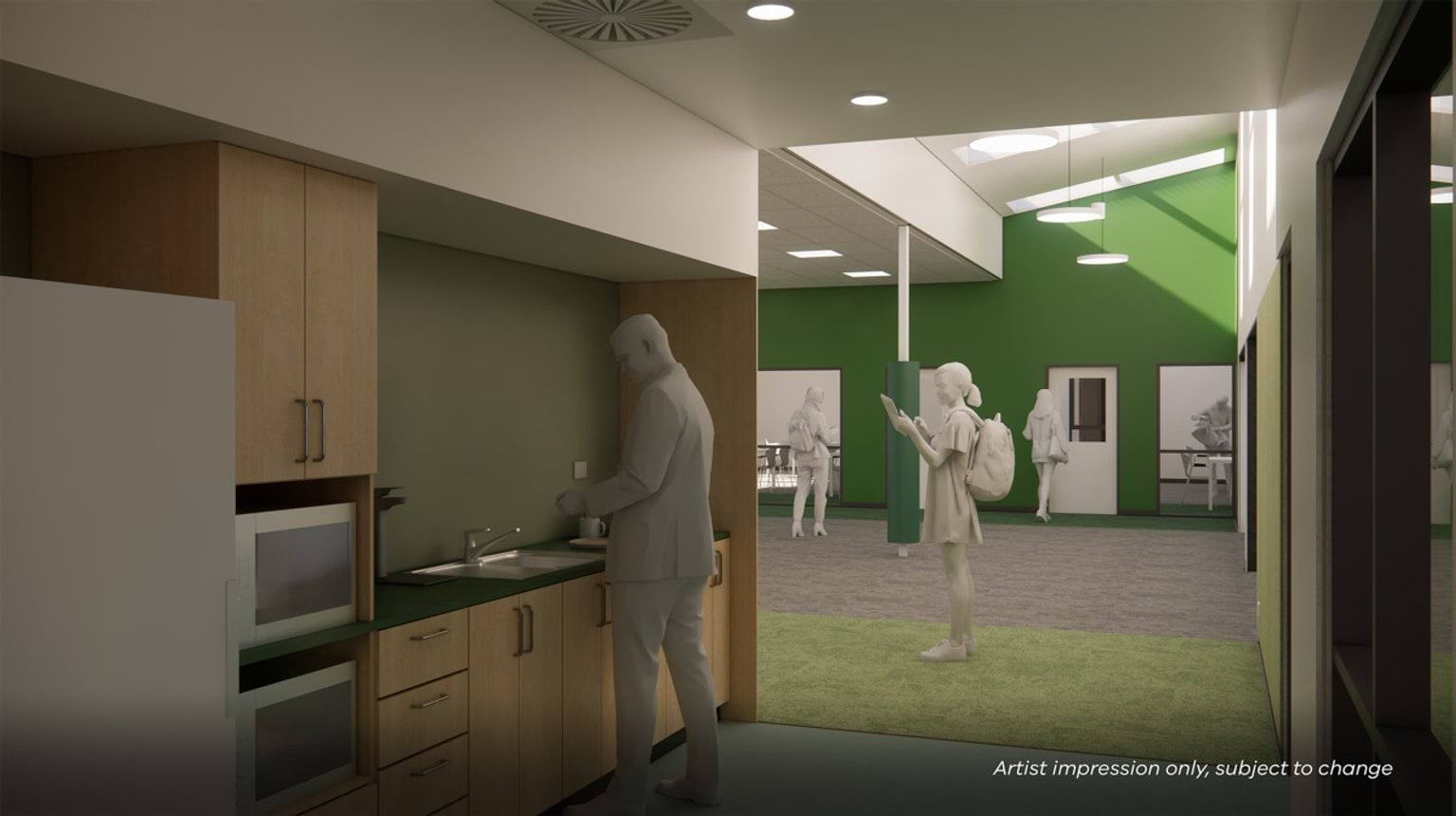 Artist impression of a staff or student kitchenette with timber cabinetry and sink, opening to a bright internal corridor with green walls and skylights.