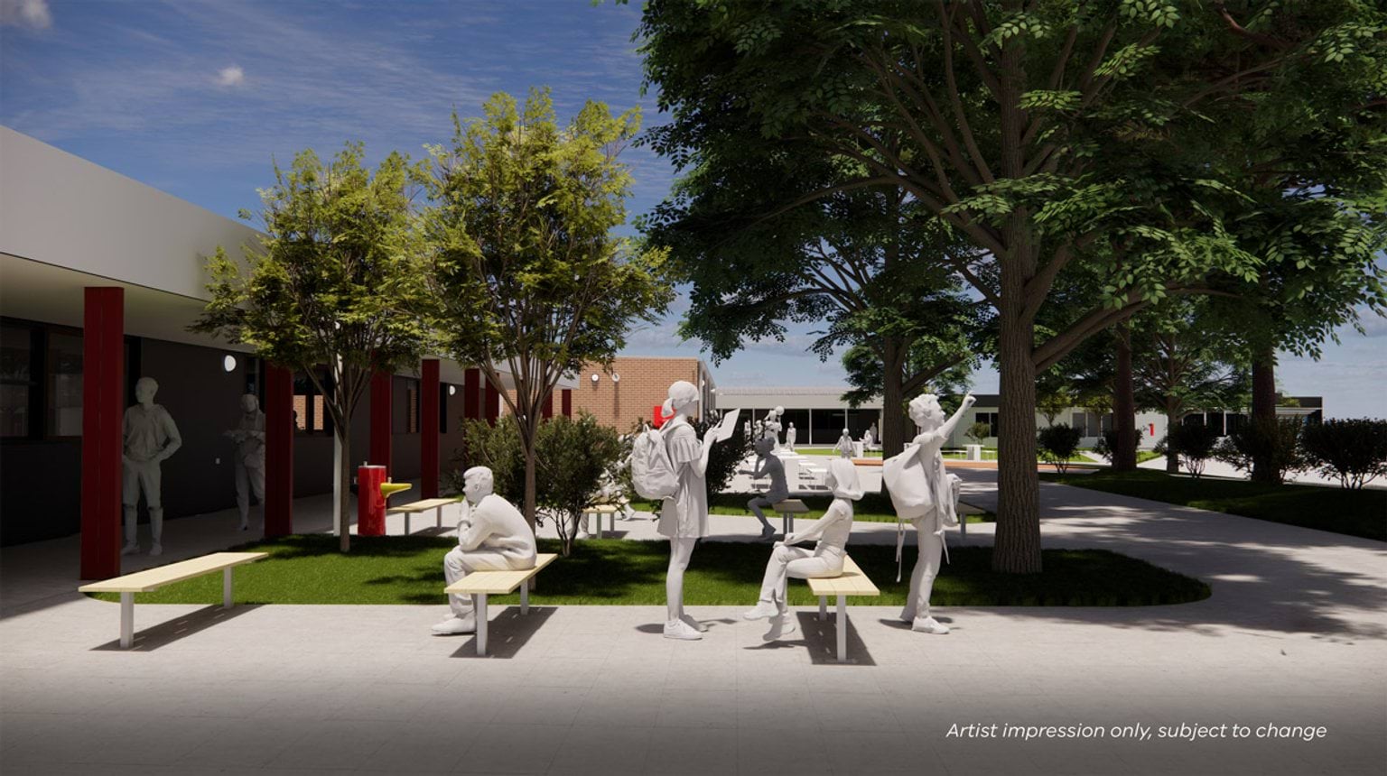 Artist impression of a landscaped outdoor space with trees, benches, paved paths, and nearby classroom entrances around a central courtyard.