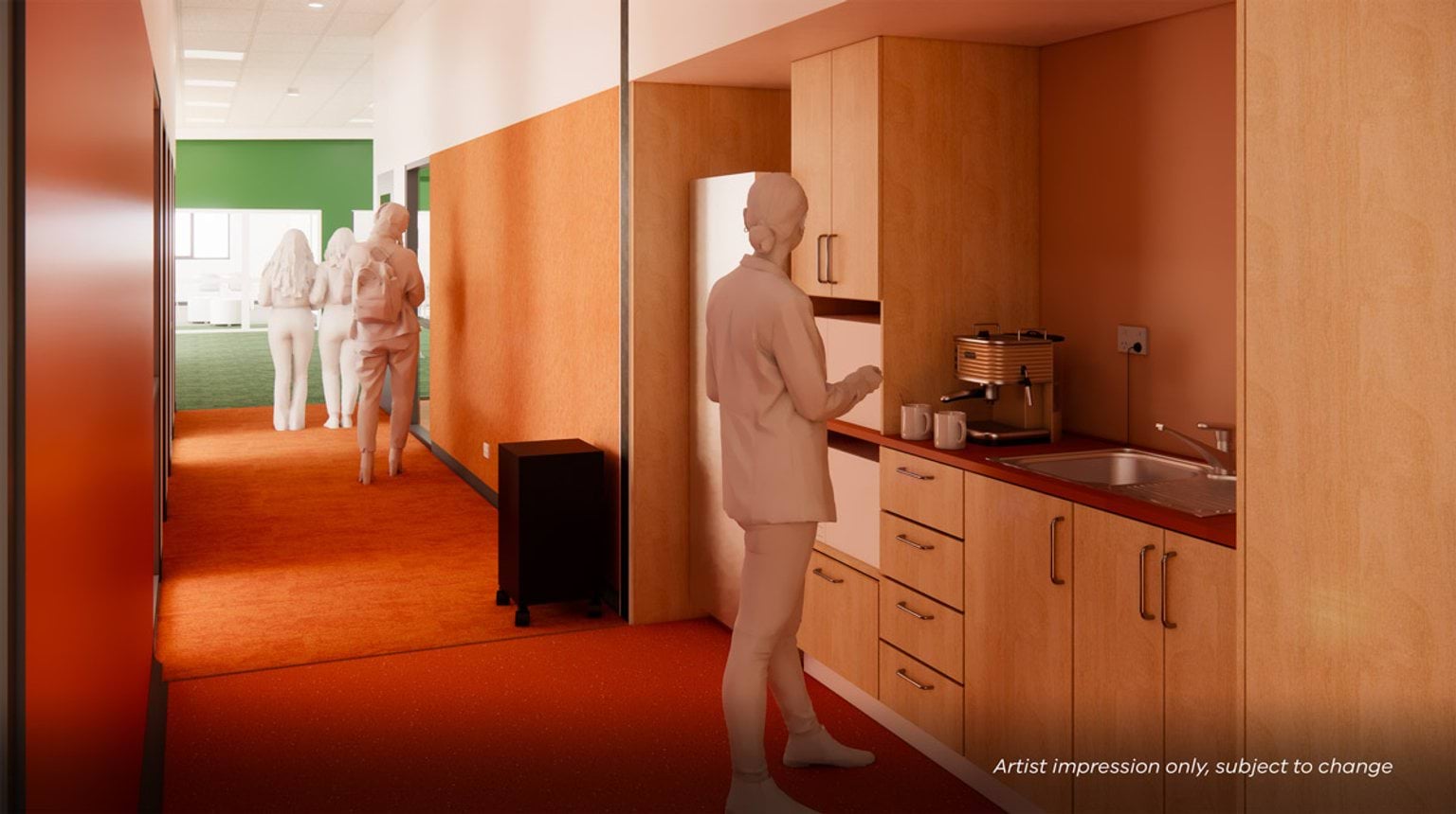 Artist impression of a kitchenette with timber joinery, fridge, sink, and coffee machine set within a school corridor with coloured wall finishes.