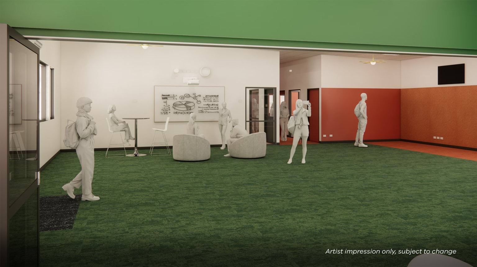 Artist impression of an open study space with soft seating, high tables, carpeted flooring, and adjacent classrooms accessed through glass doors.