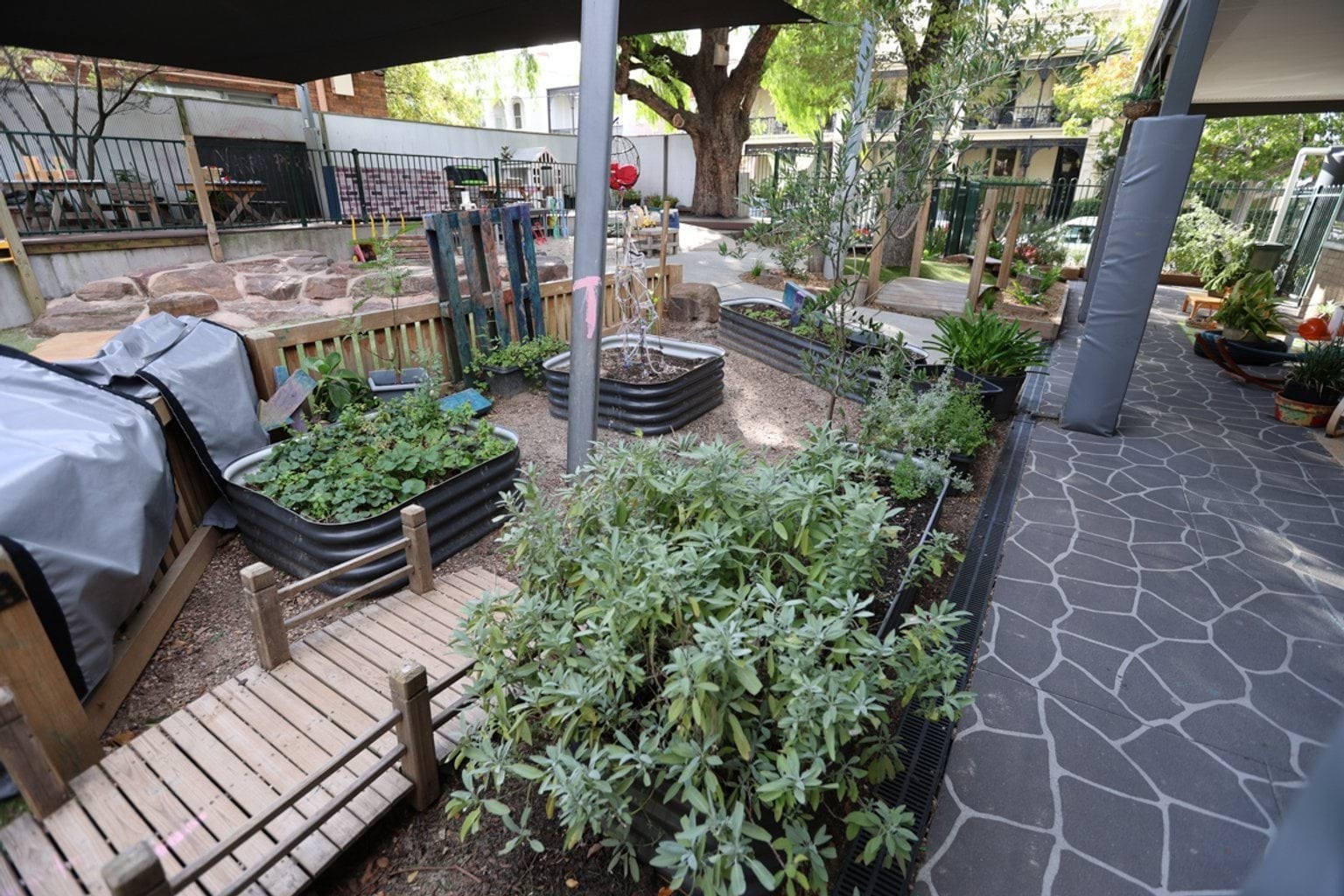 Veggie patch with wooden bridge next to paved garden path.