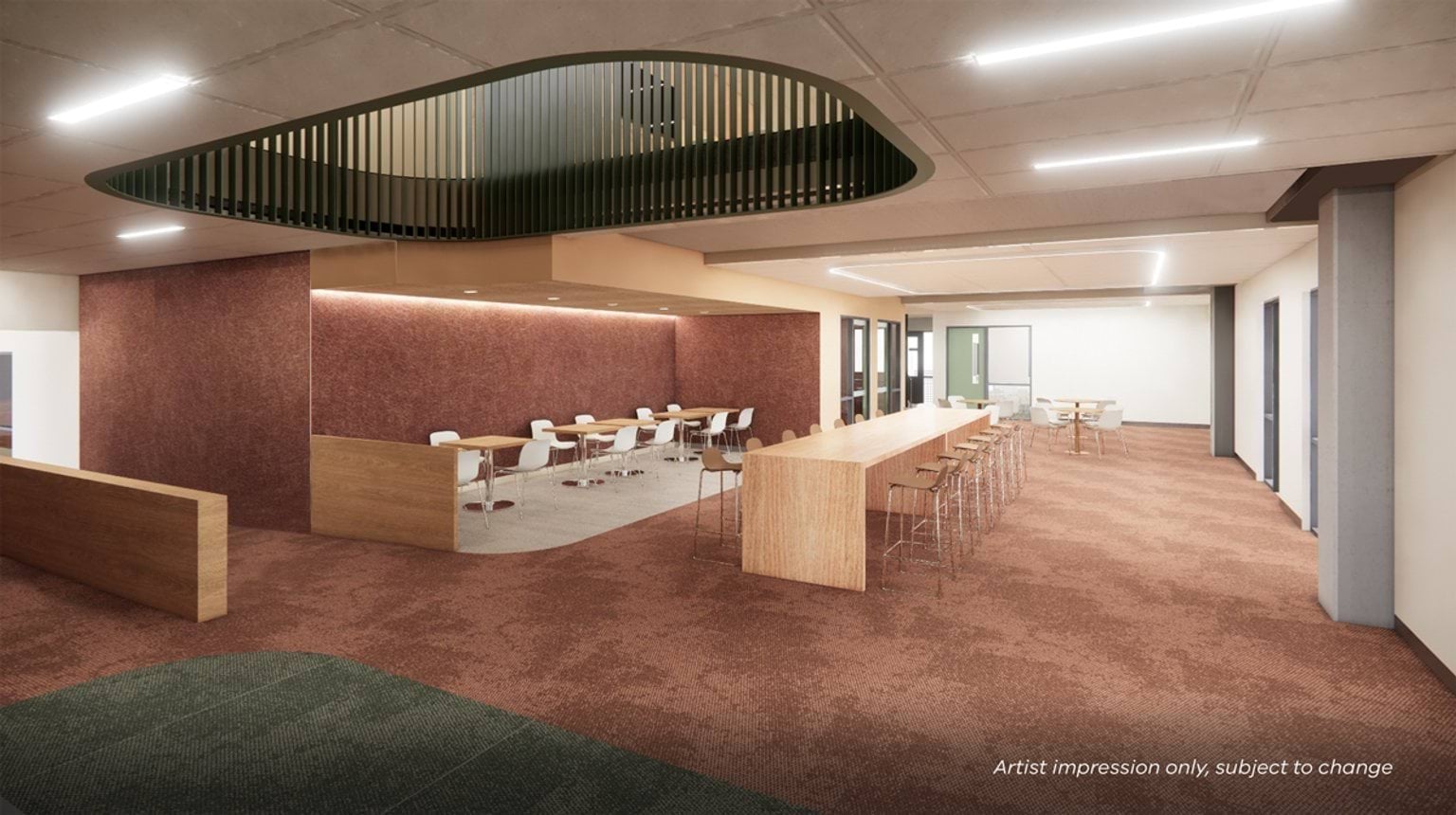 Artist impression of an open indoor learning area with long timber tables, stools, carpeted floors, and a feature ceiling opening with vertical green screening.