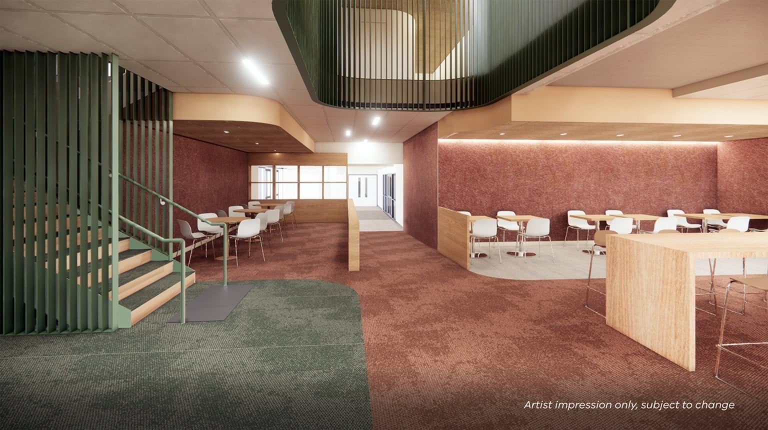 Artist impression of a school interior featuring a stair with green balustrade, adjacent breakout seating areas, timber finishes, and open sightlines to surrounding learning spaces.