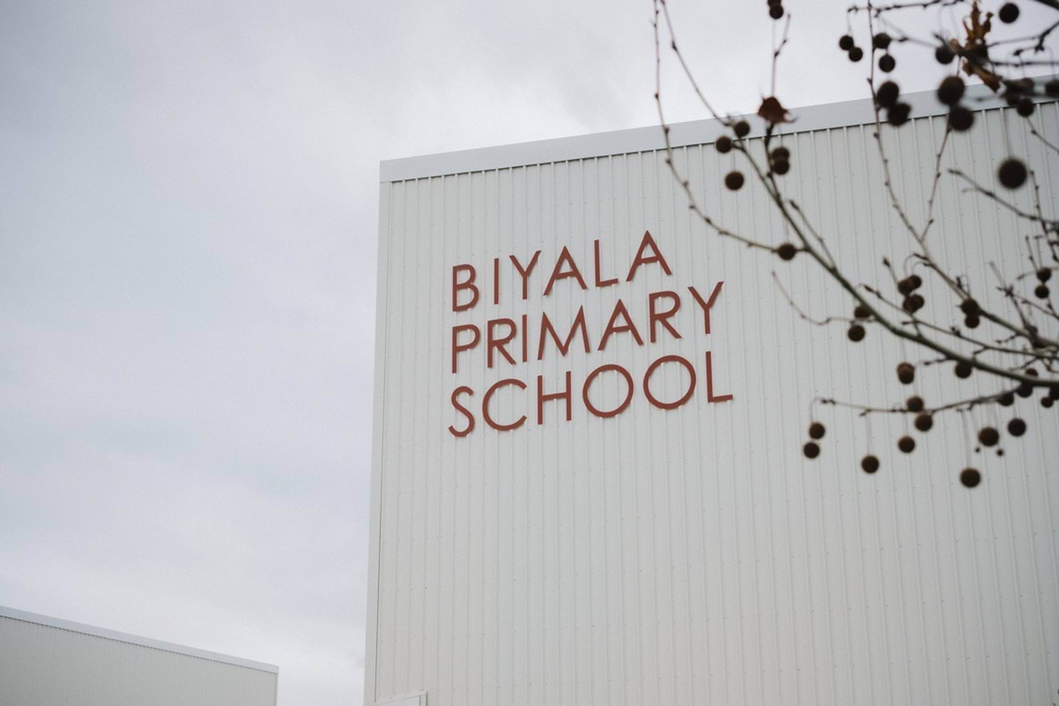 Side of white metal school building wall with 'BIYALA PRIMARY SCHOOL' lettering. We can see tree branches in the foreground out of focus