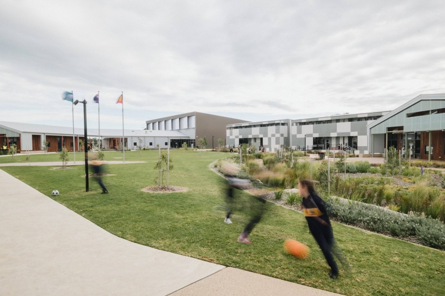 Students playing on grass lawn area next to garden bed and footpath. We can see the school buildings in the background