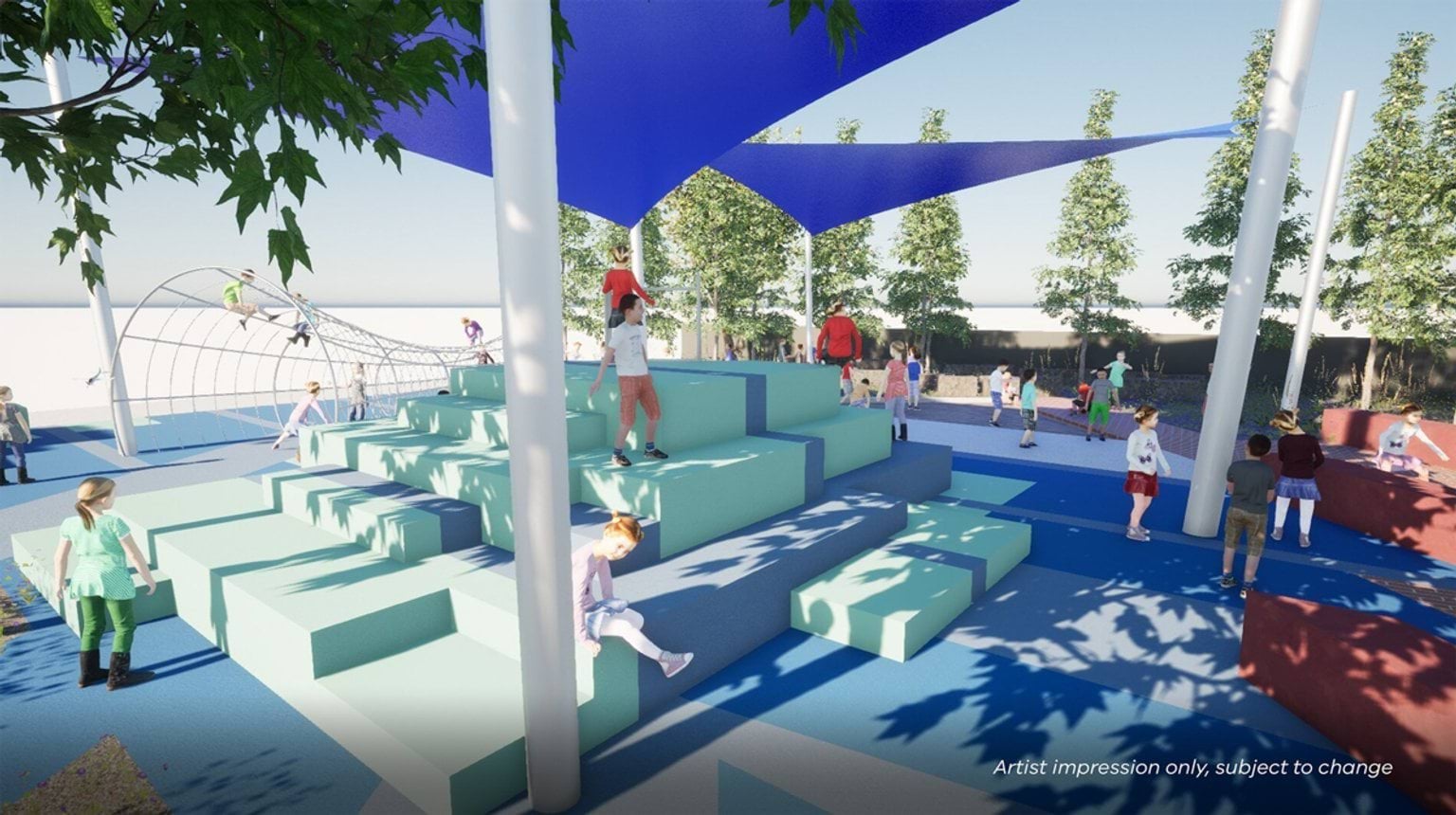 Artist impression of an outdoor learning and play area with stepped seating beneath blue shade sails. Students are using the seating, while others play on a climbing structure in the background.