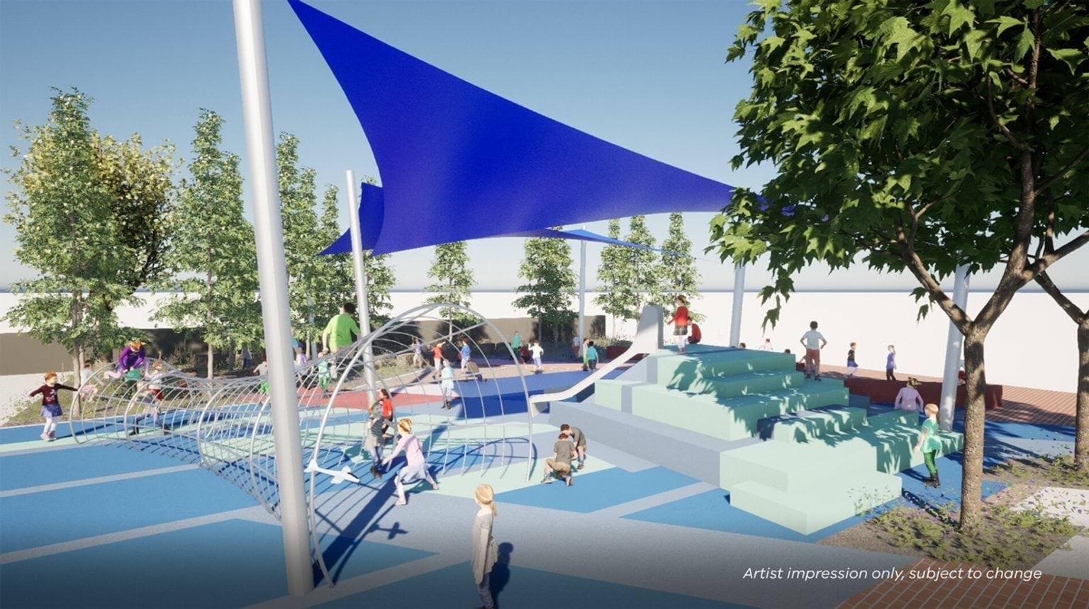 Artist impression of a school outdoor space featuring a large climbing structure, tiered steps and trees. Blue shade sails provide cover above students using the play and gathering areas.