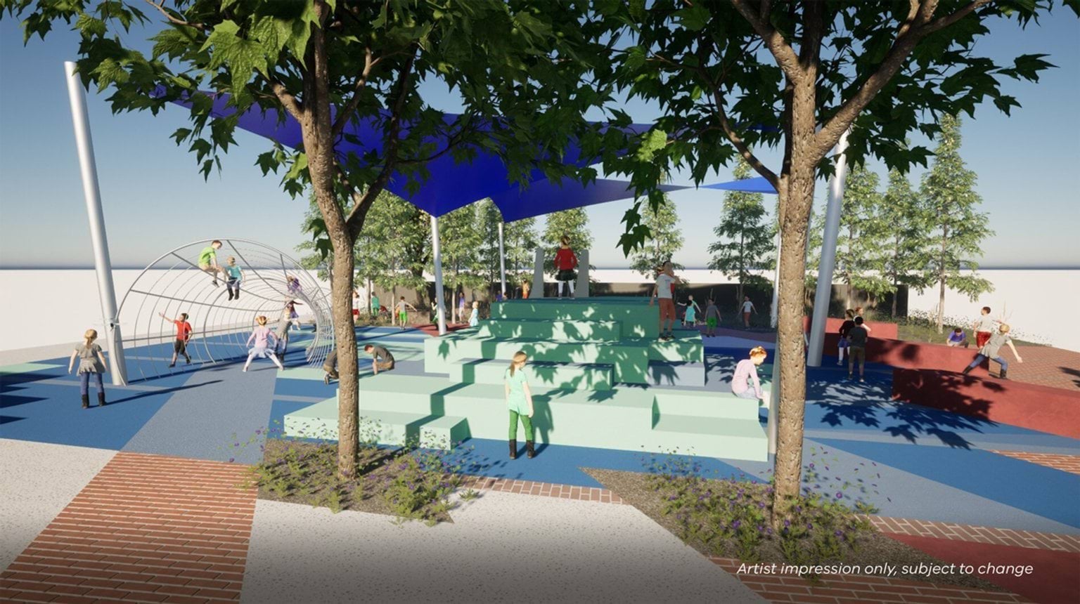 Artist impression of an outdoor play area with tiered steps, trees and landscaped garden beds. Students are gathered around the space.