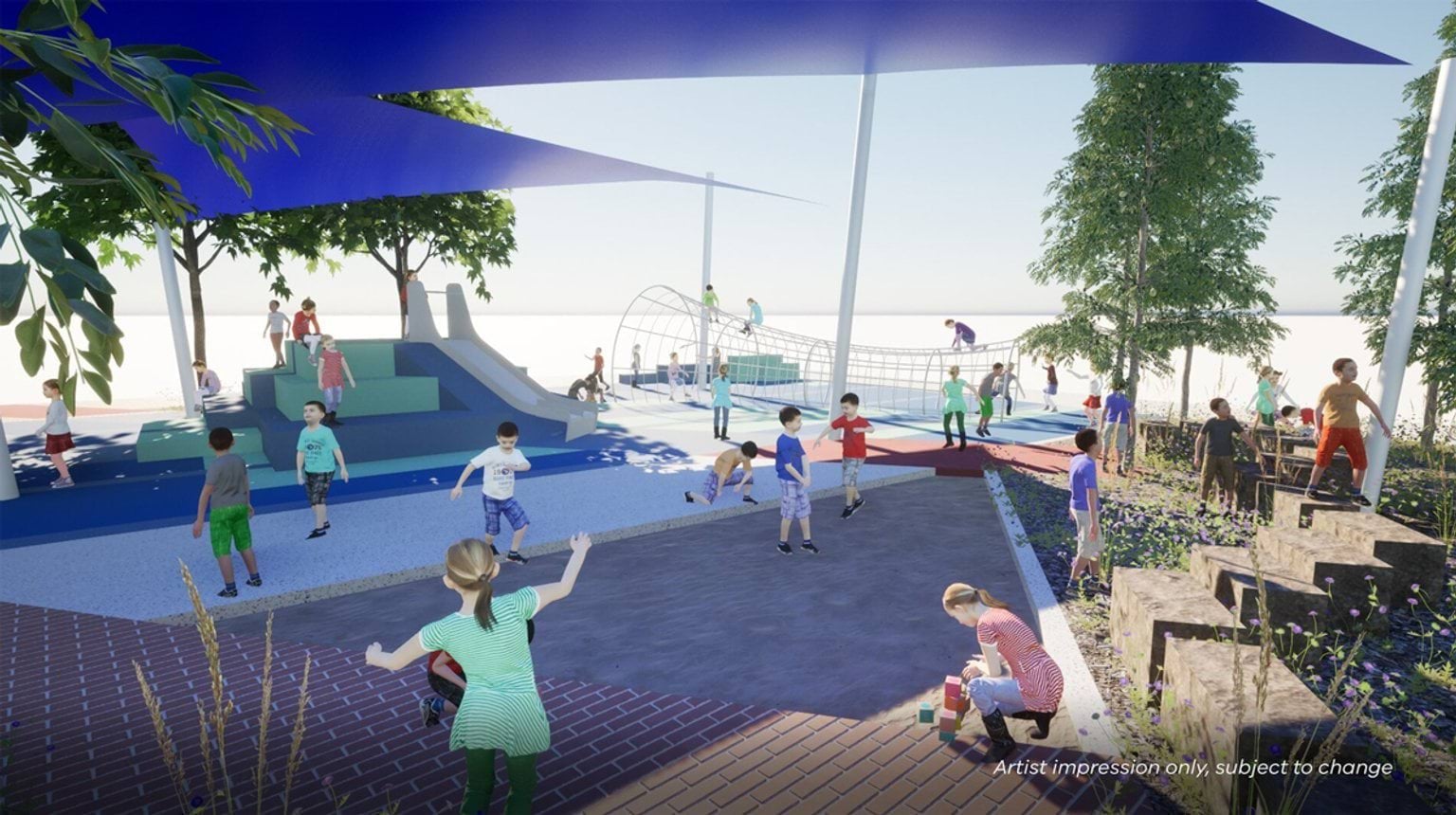 Artist impression of an outdoor play area with stepped seating, shade sails and trees. Students are using the space and sitting around the area.
