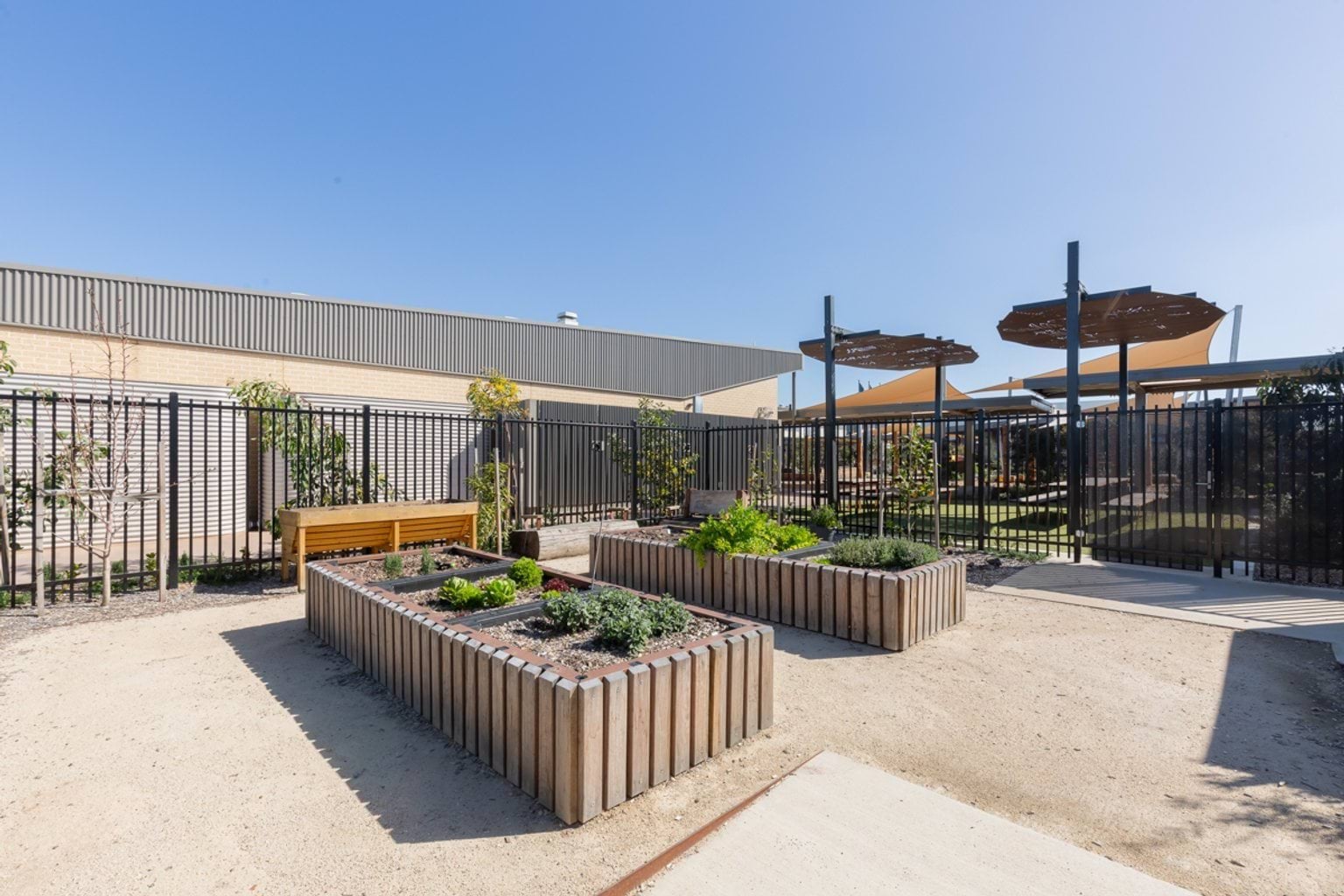 Gated area with wooden garden beds